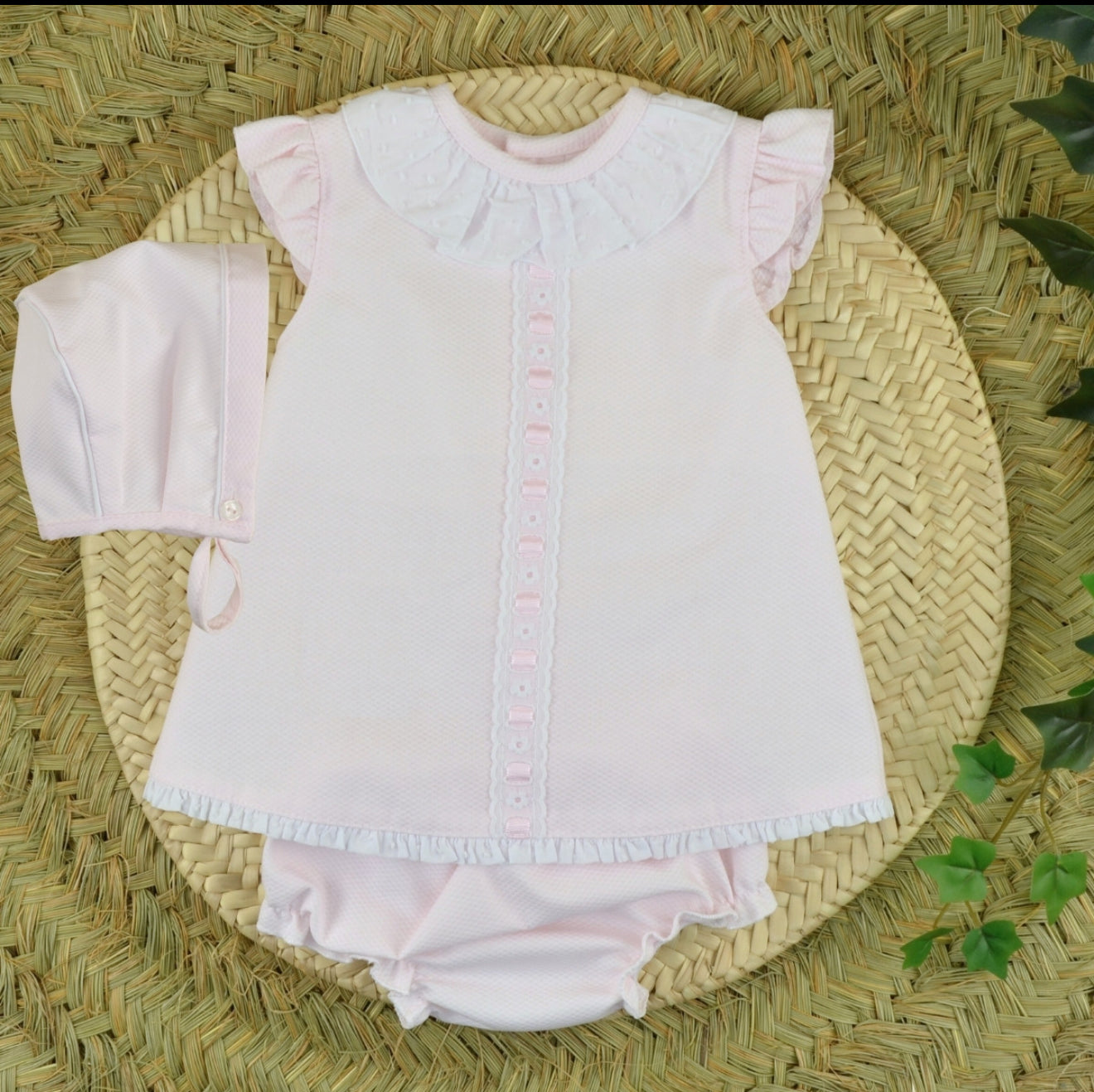 Baby girls baby pink aline dress, pants and bonnet set