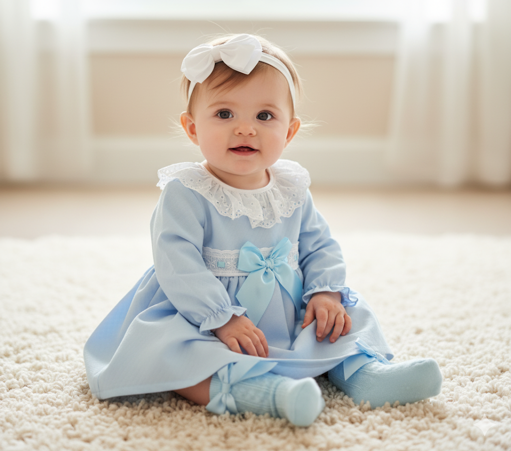 Baby girls blue frill collar bow dress