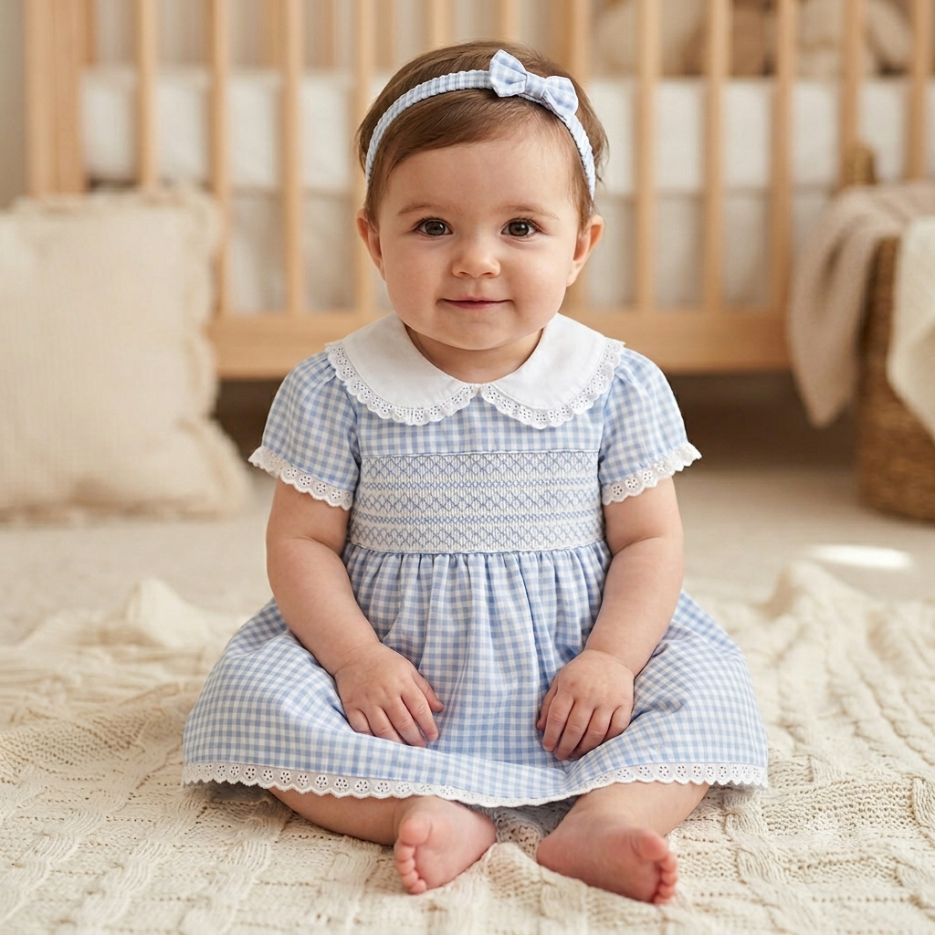 Girls blue and white checked smocked dress set