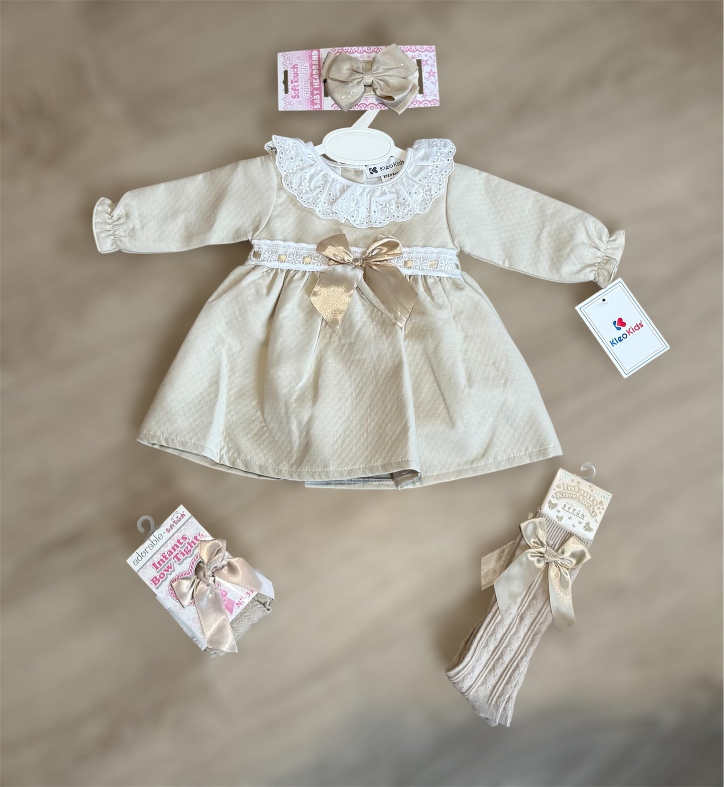 Baby girls camel frill collar bow dress
