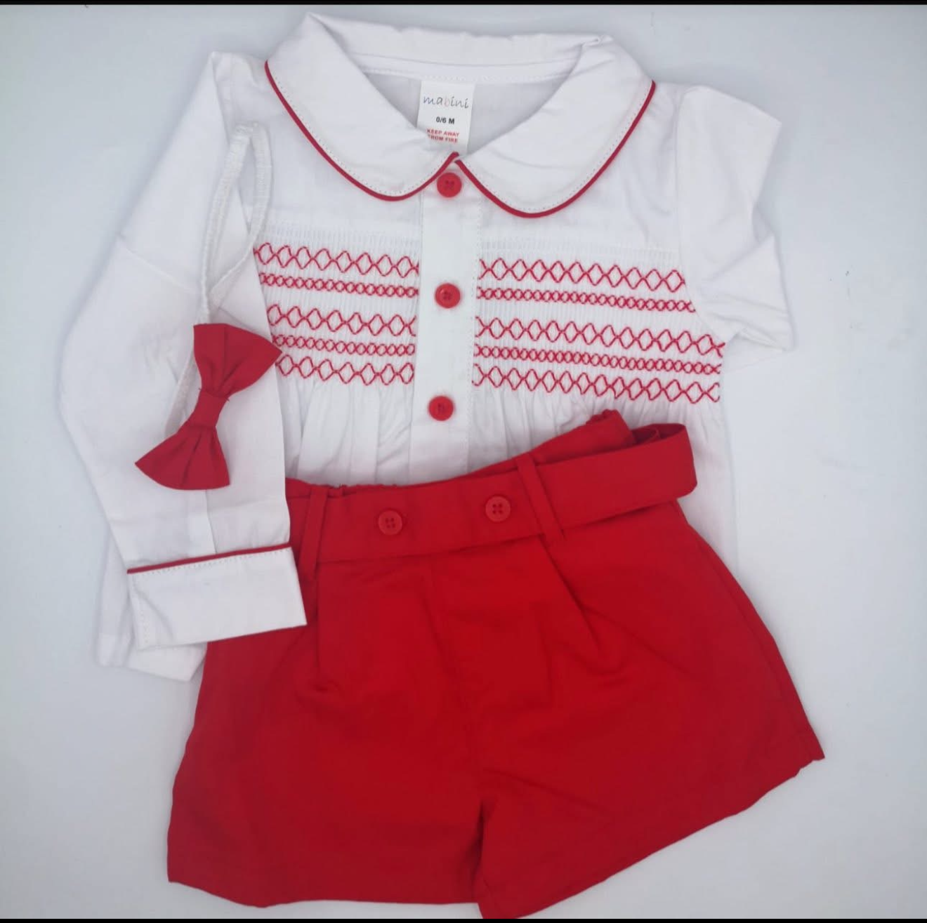 Boys red and white smocked short set with dicky bow