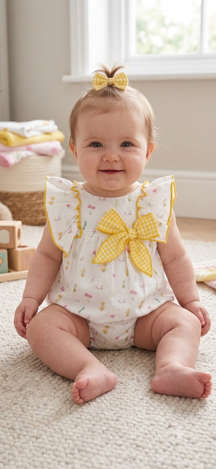 Baby girls white and yellow floral romper with gingham bow