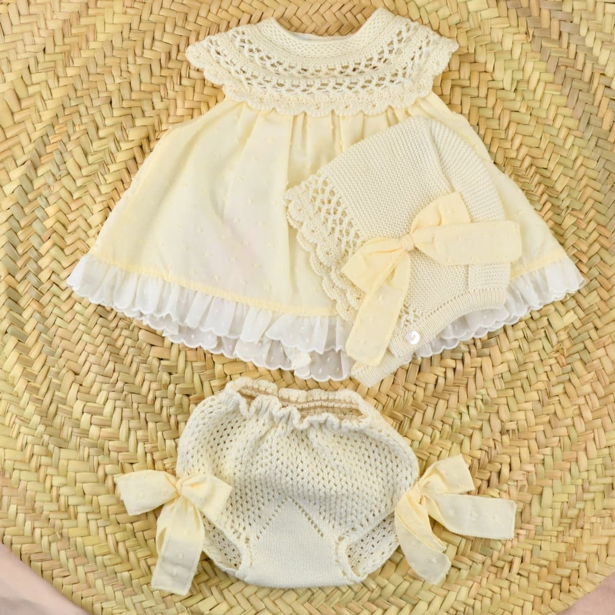 Cream 3 piece dress, pants and bonnet set