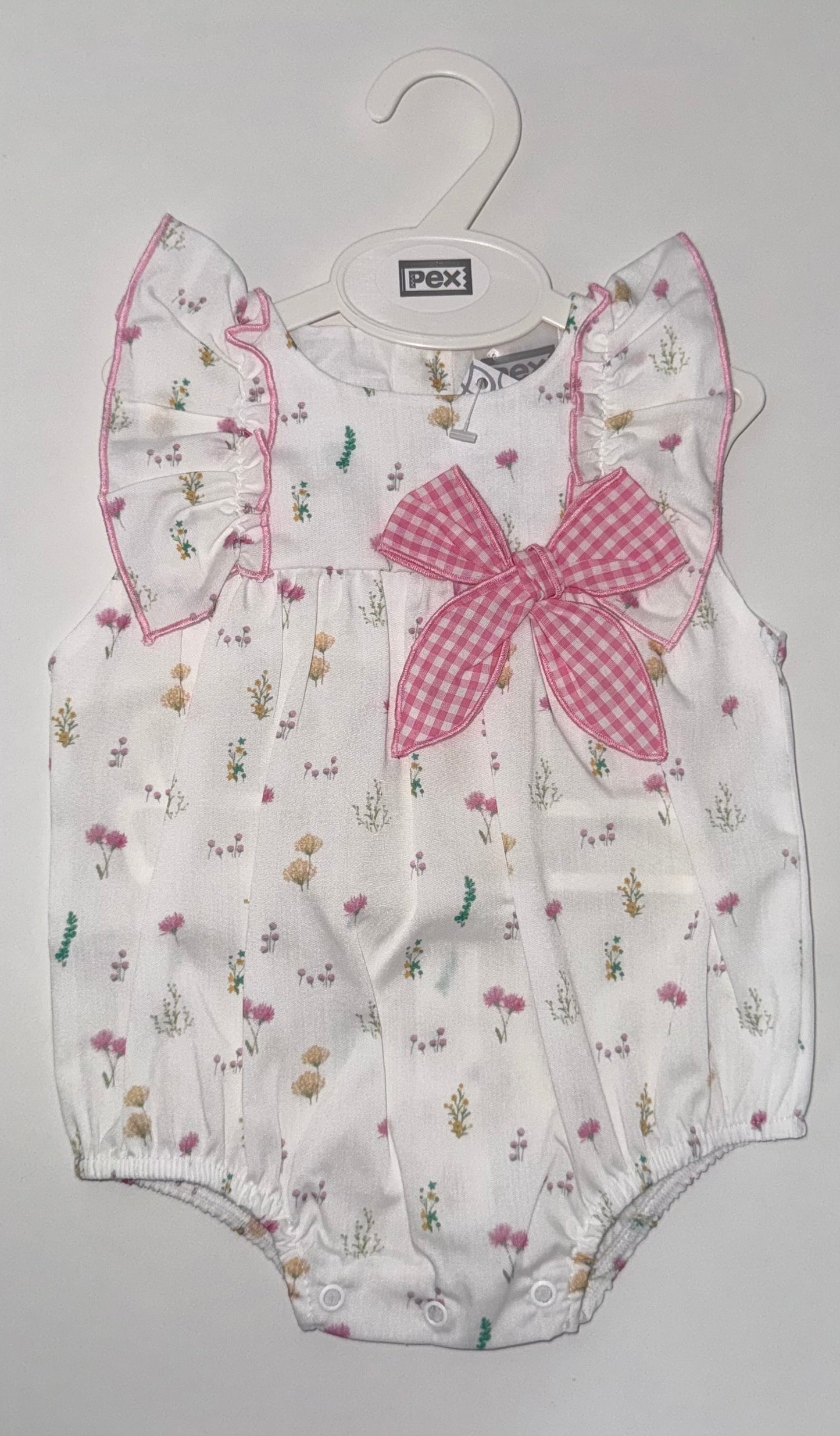Baby girls white and pink floral romper with gingham bow