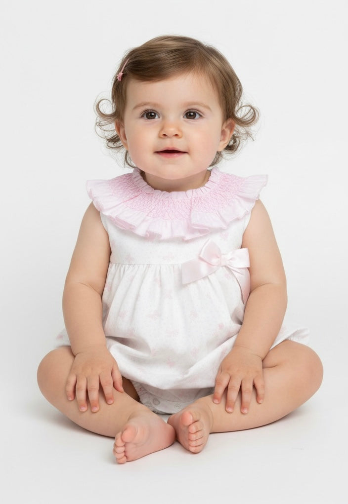 Baby girls white and pink bow print romper with smocked collar