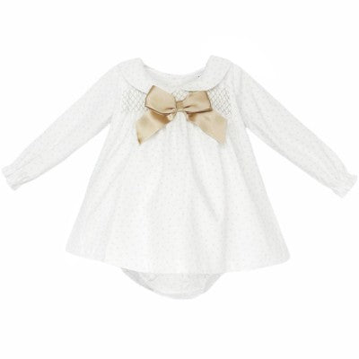 Wee mee white/ camel smocked aline dress and pants set