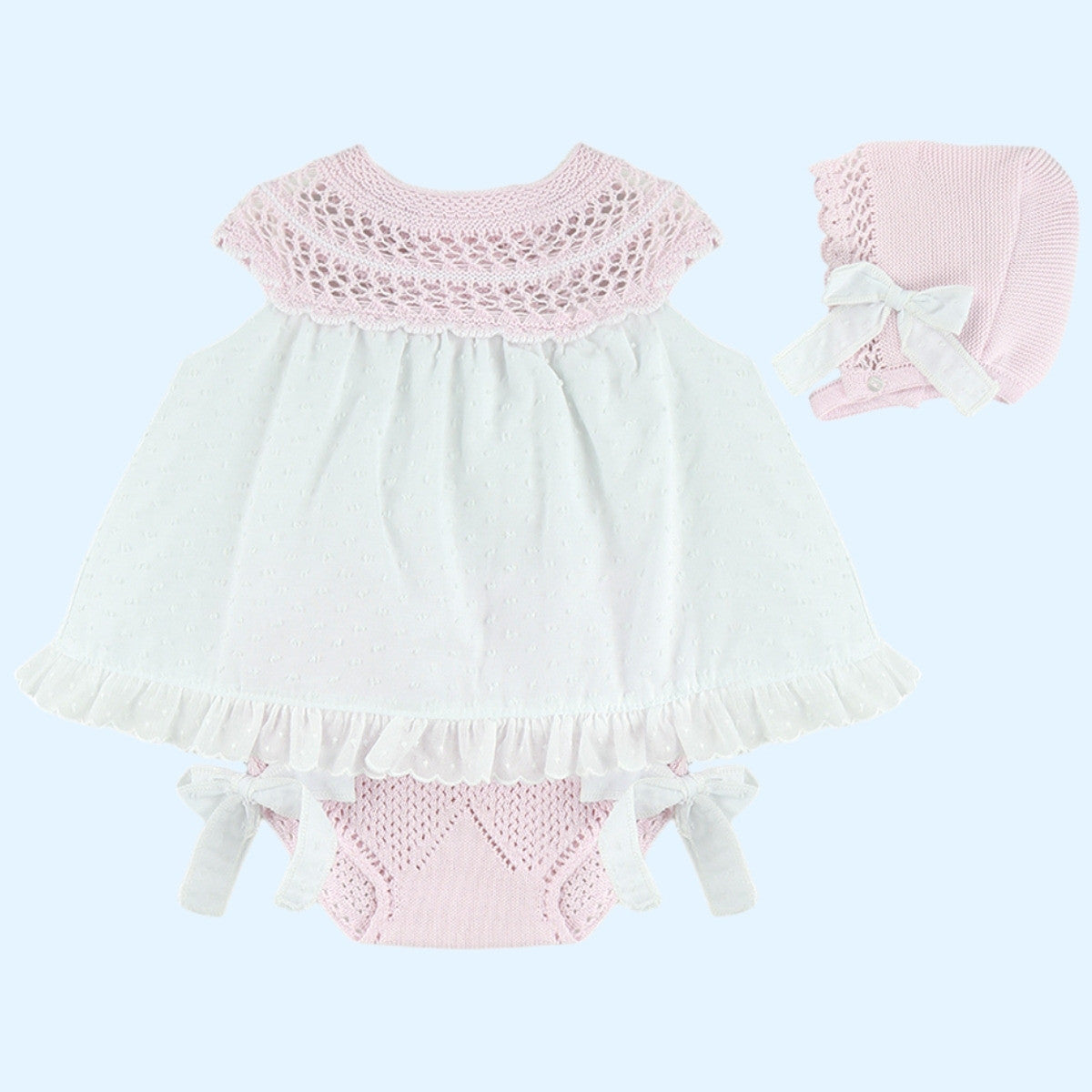 Baby girls pink and white 3 piece dress, pants and bonnet set