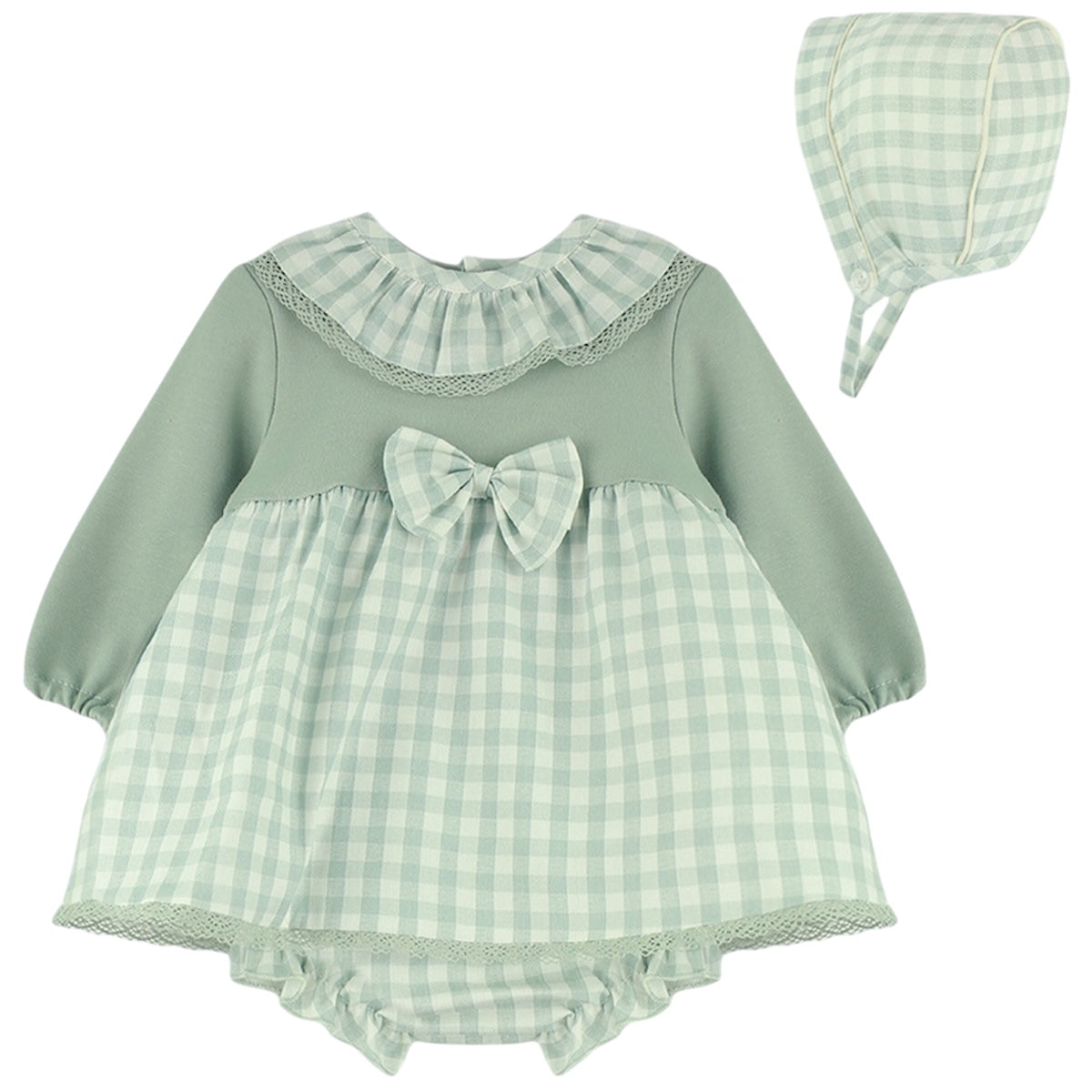 Baby girls sage green gingham 3 piece dress set