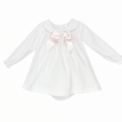 Wee mee white/ pink smocked aline dress and pants set