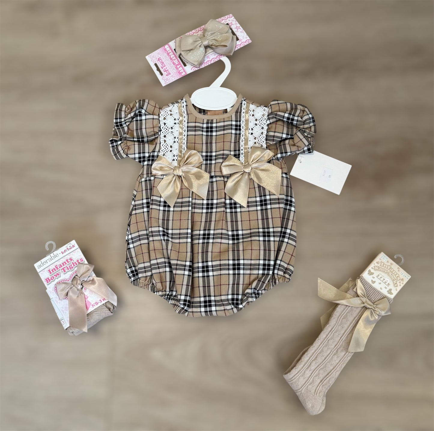 Baby girls camel tartan romper