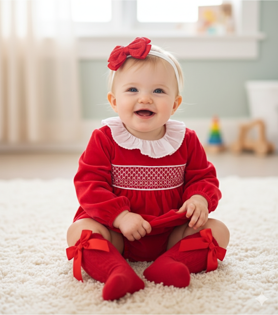 Red velour smocked romper