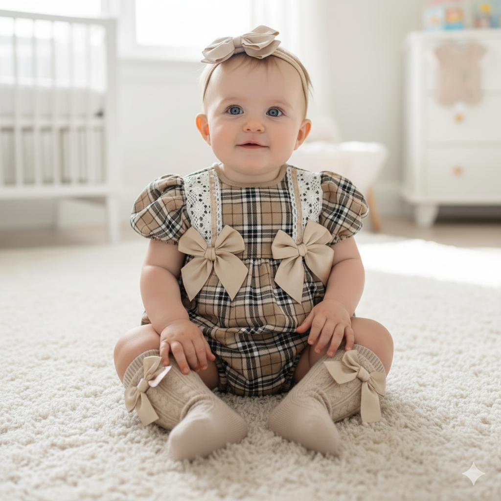 Baby girls camel tartan romper