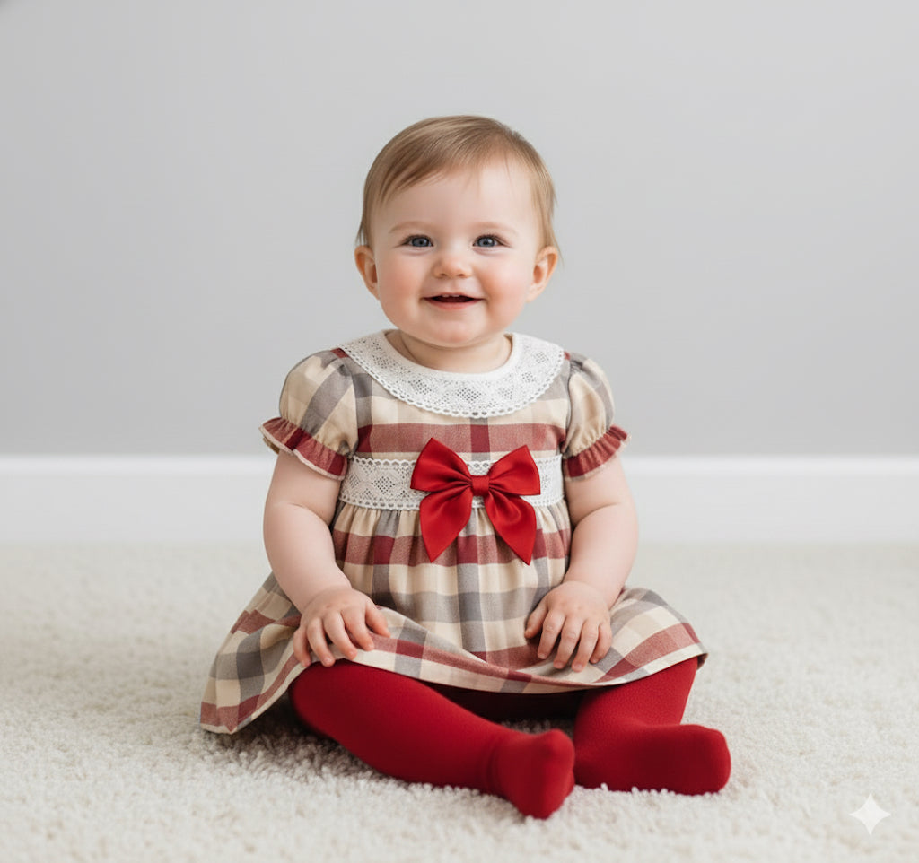 Baby girls camel and red checked dress with red bow