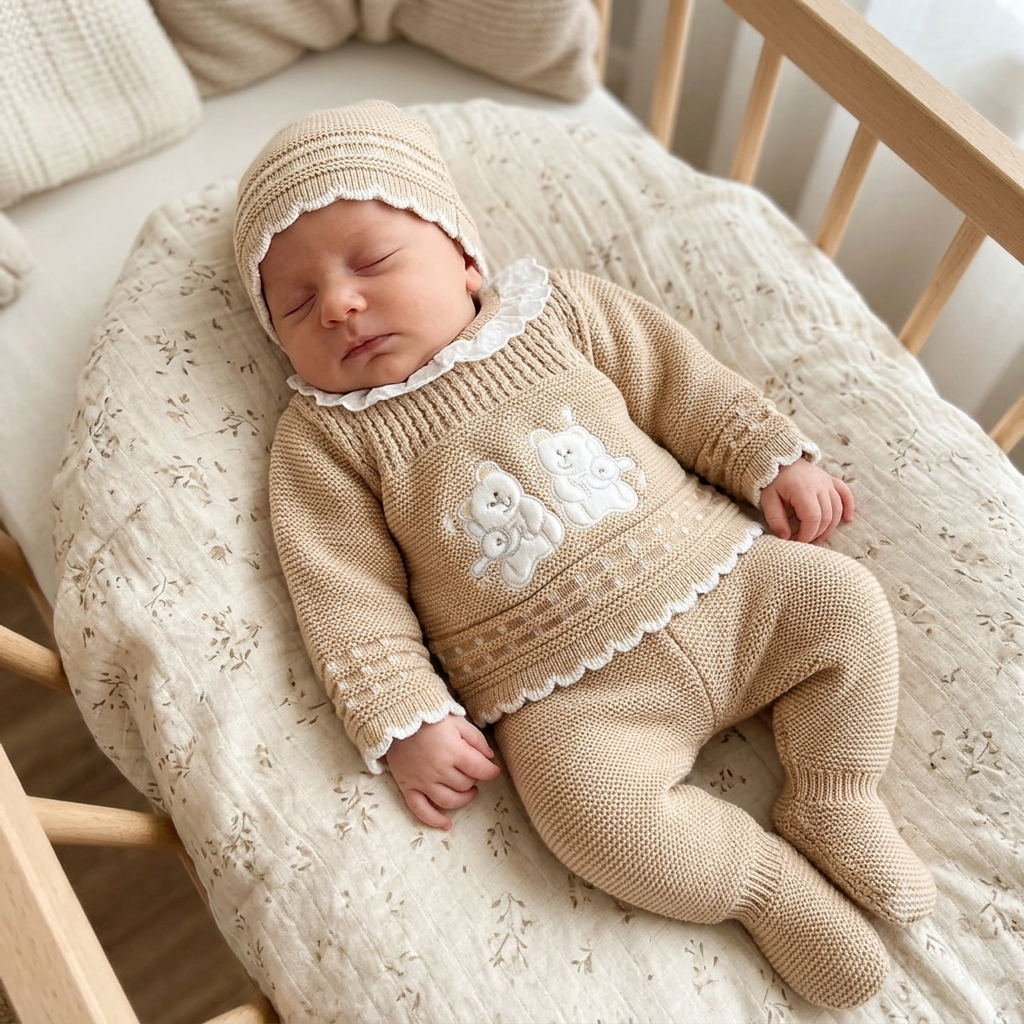Camel teddy bear knitted 3 piece set