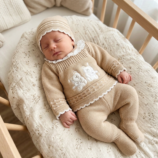 Camel teddy bear knitted 3 piece set