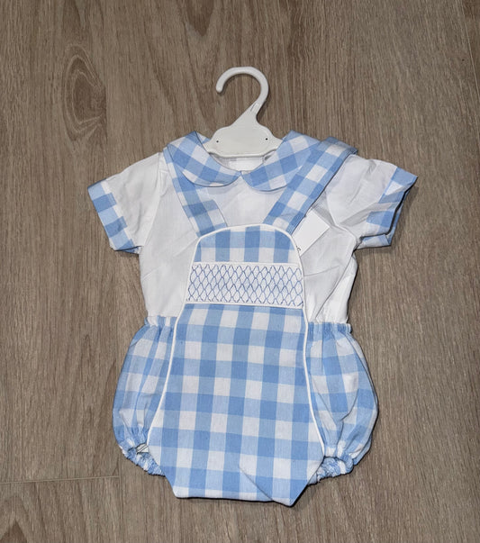 Baby boys blue checked romper set