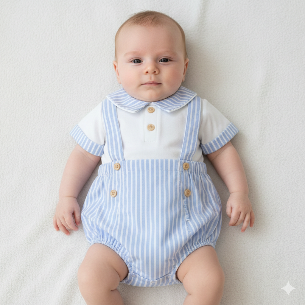 Baby boys blue and white stripe brace romper