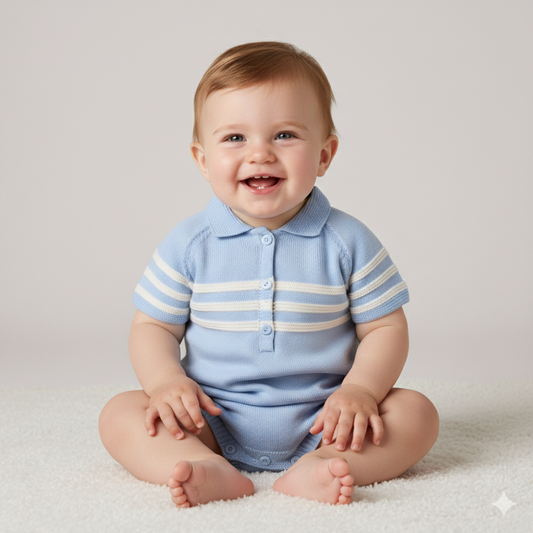Baby boys blue fine knit stripe romper
