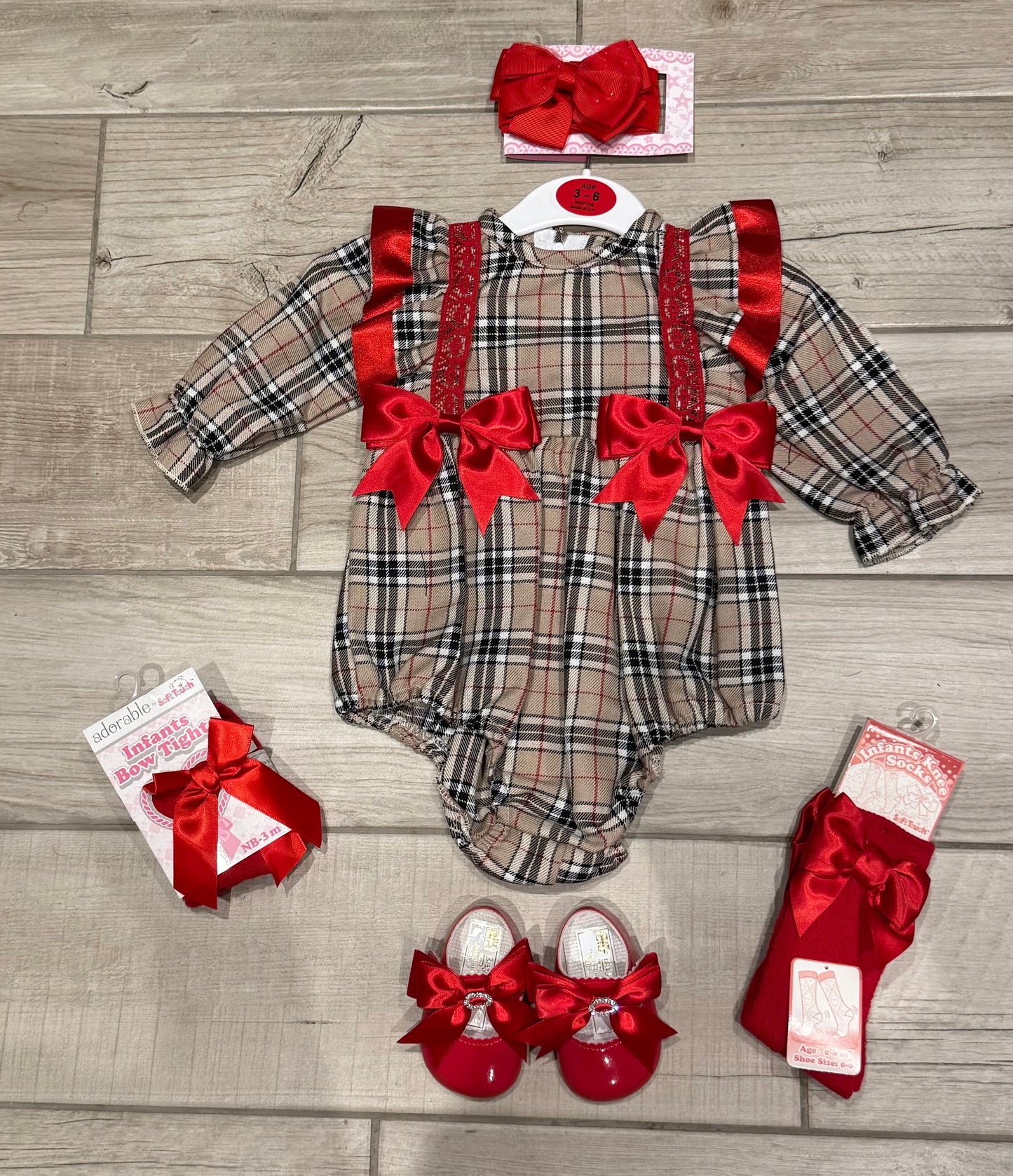 Baby girls camel with red tartan romper