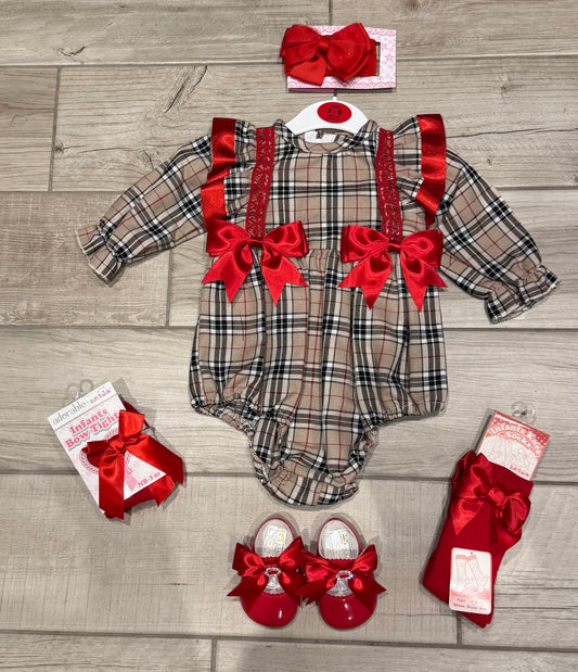 Baby girls camel with red tartan romper