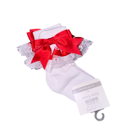 White frilly socks with red ribbon and bow