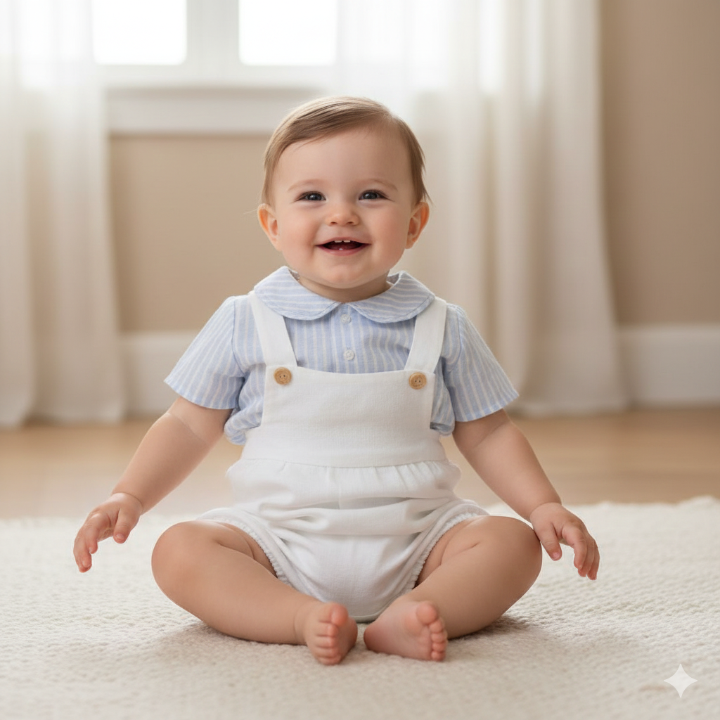 Baby boys white and blue stripe romper set
