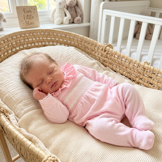 Baby girls pink frill collar smocked slepepsuit