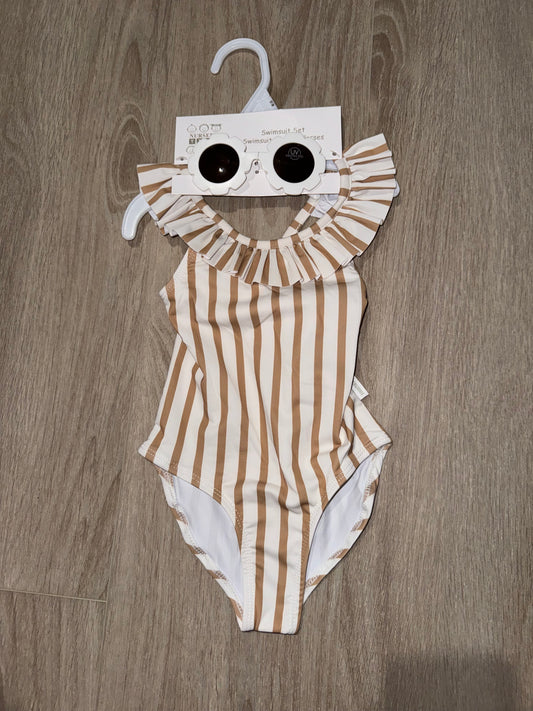 Camel stripe swimsuit and glasses set