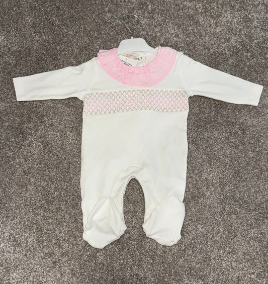 Baby girls white and pink smocked baby grow