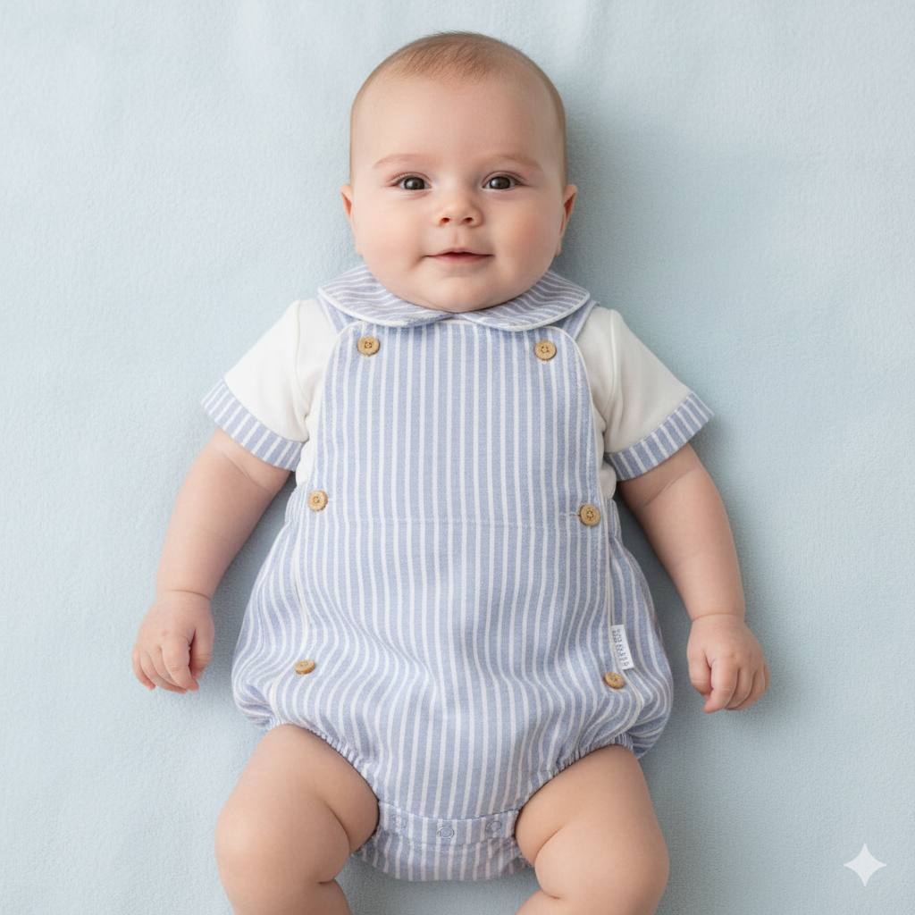 Baby boys blue and white stripe romper