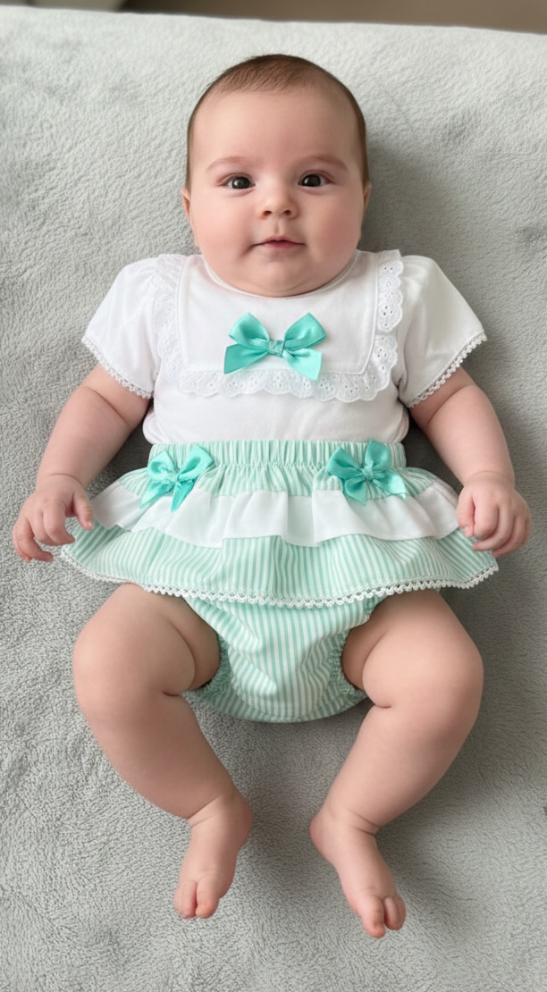 Baby girls green and white shirt jam set