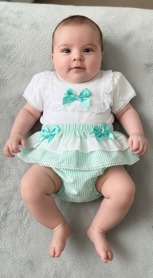 Baby girls green and white shirt jam set