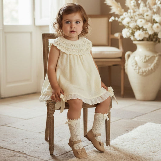 Cream 3 piece dress, pants and bonnet set