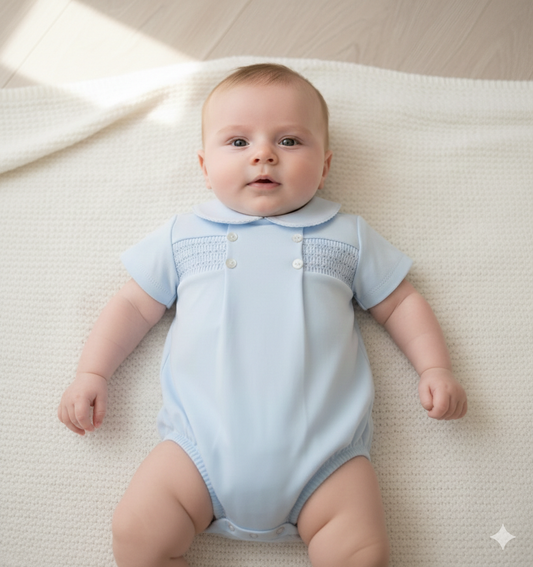 Baby boys blue smocked romper