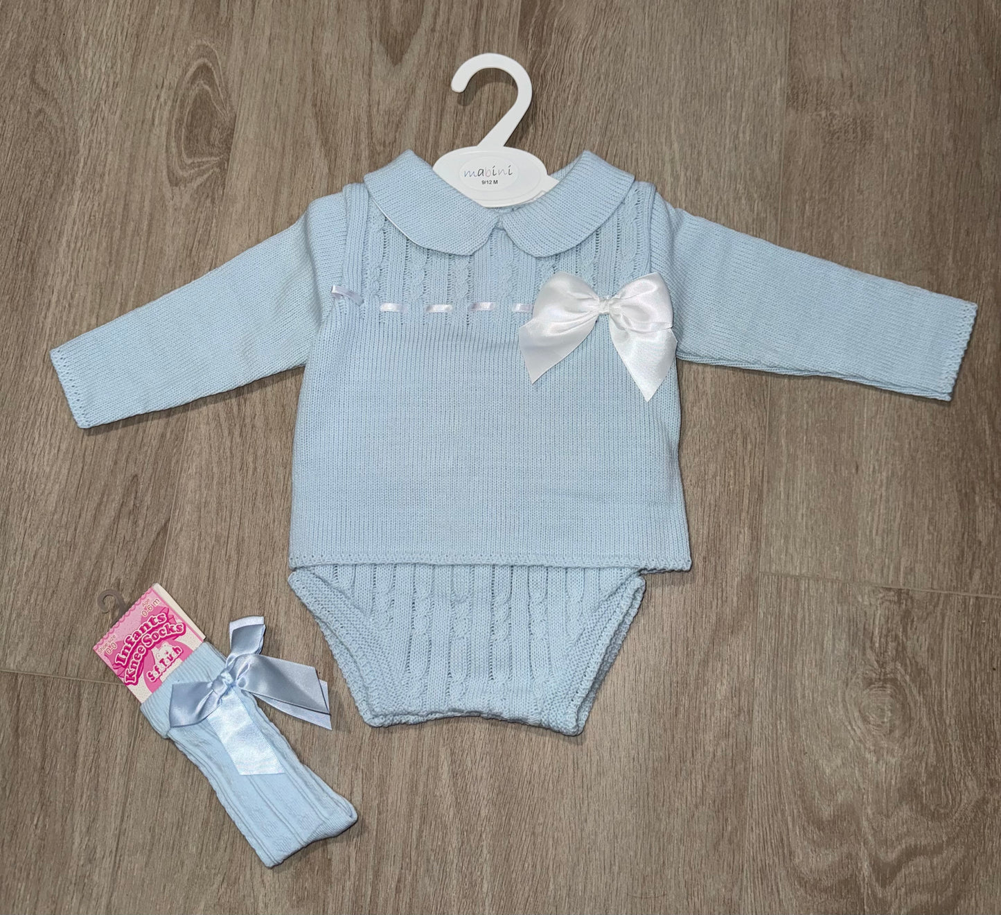 Blue knitted jam pant set with bow