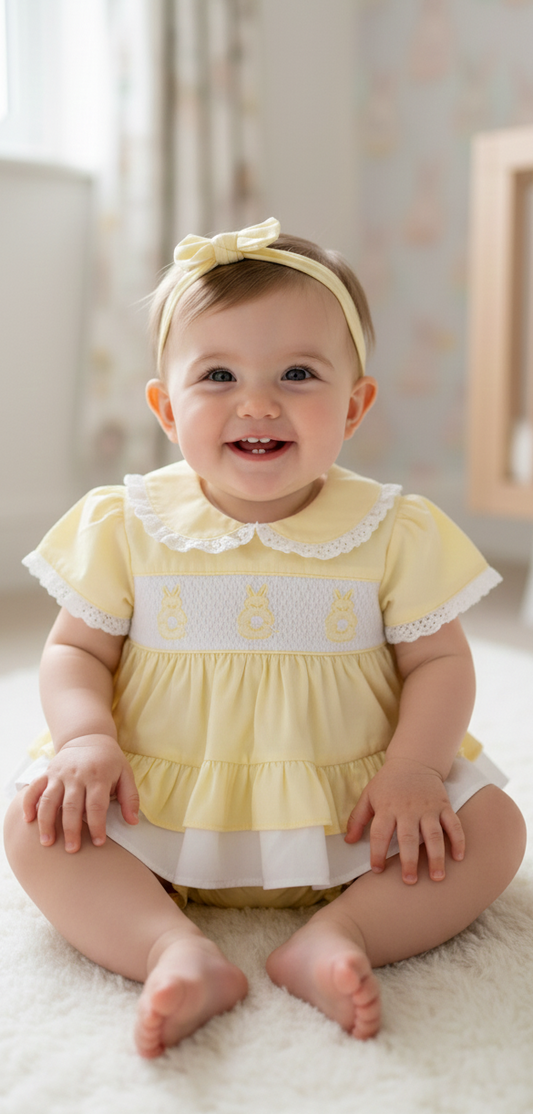 Baby girls lemon smocked dress, bloomers and headband set