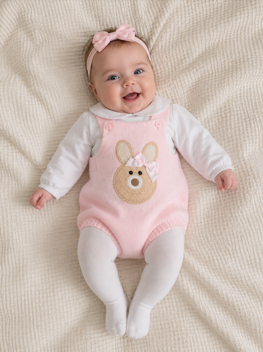 Baby girls pink bunny knitted romper and shirt