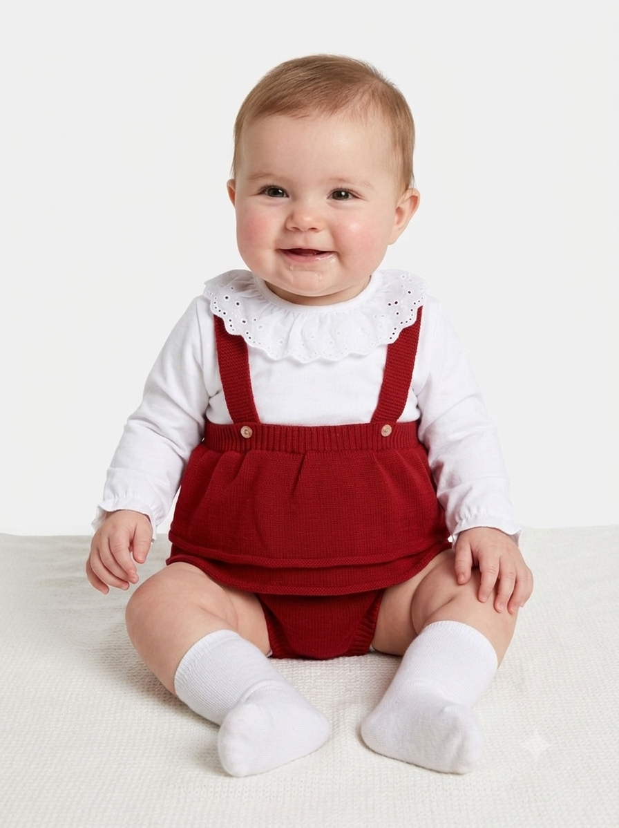 Baby girls red knitted romper with shirt set
