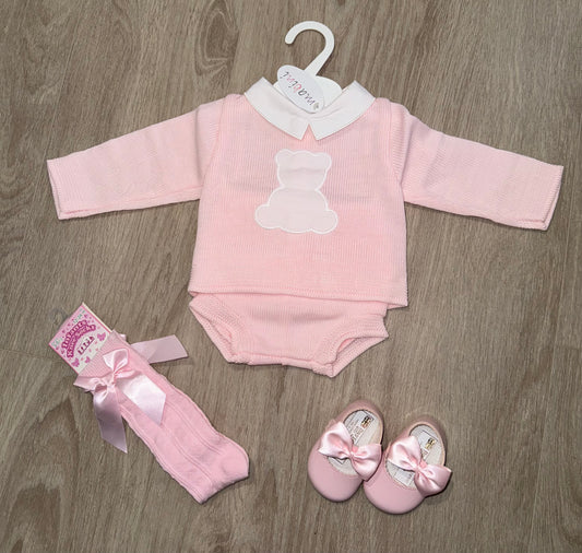 Pink knitted teddy bear jam pant set