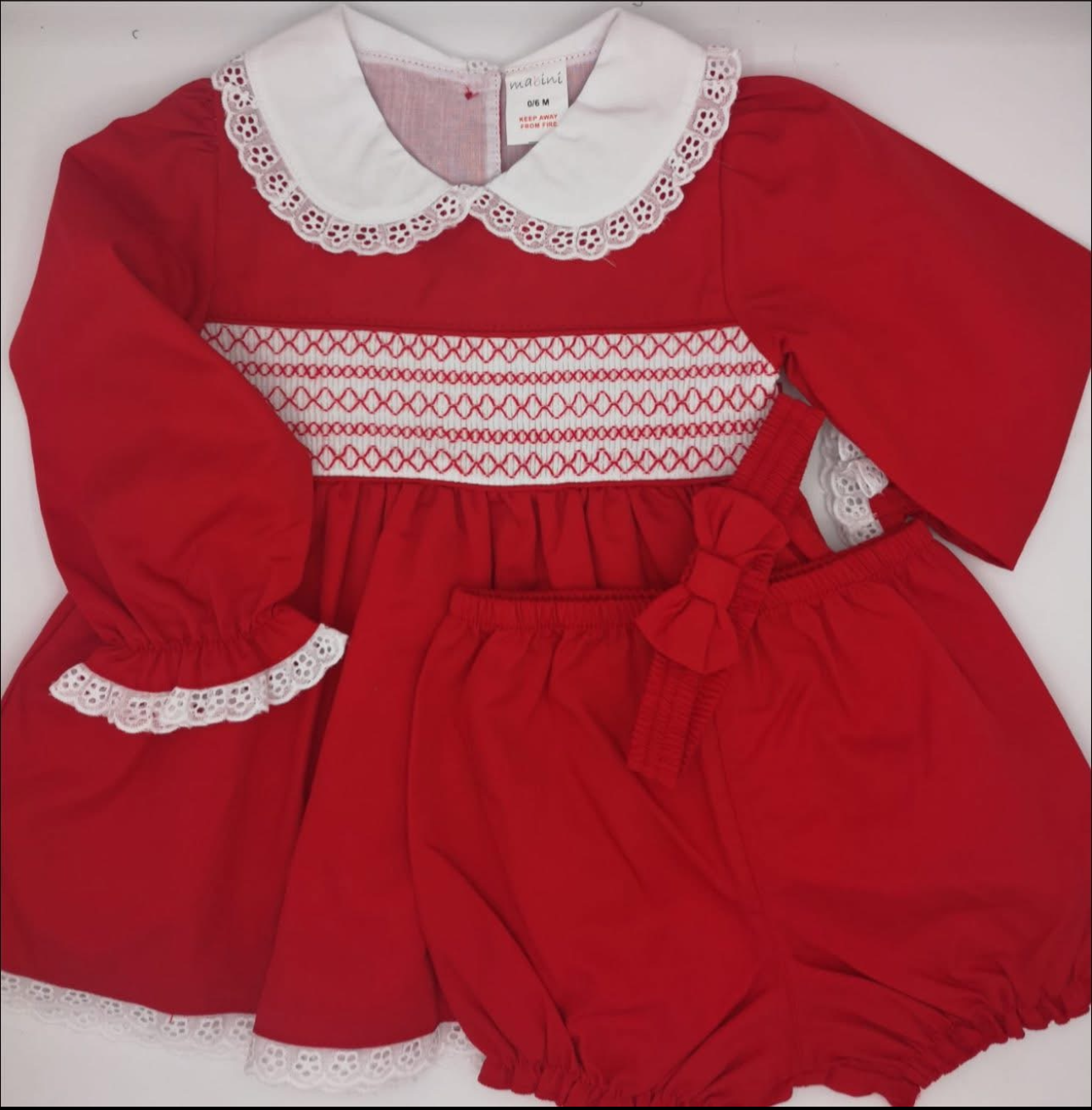Girls red and white smocked dress and head band set