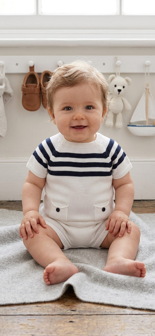 Baby boys white and navy fine knit jam set