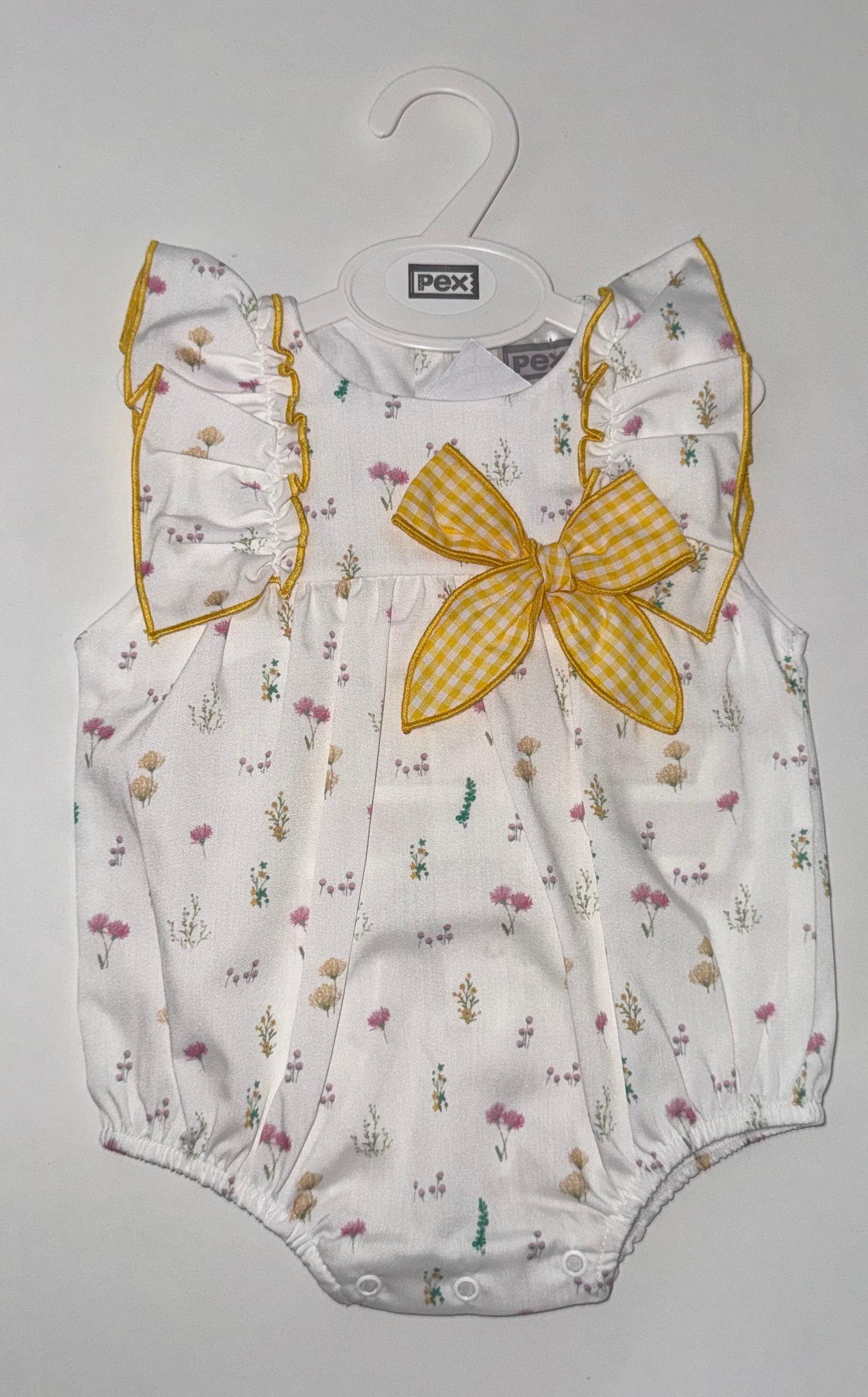 Baby girls white and yellow floral romper with gingham bow