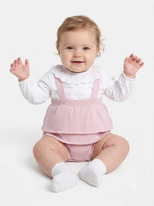 Baby girls pink knitted romper with shirt set