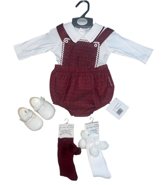 Baby boys maroon polka dot dungarees romper