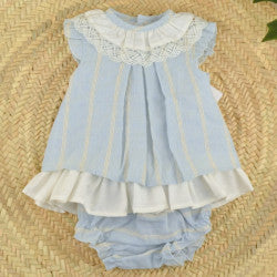 Baby girls blue and beige dress and pants set