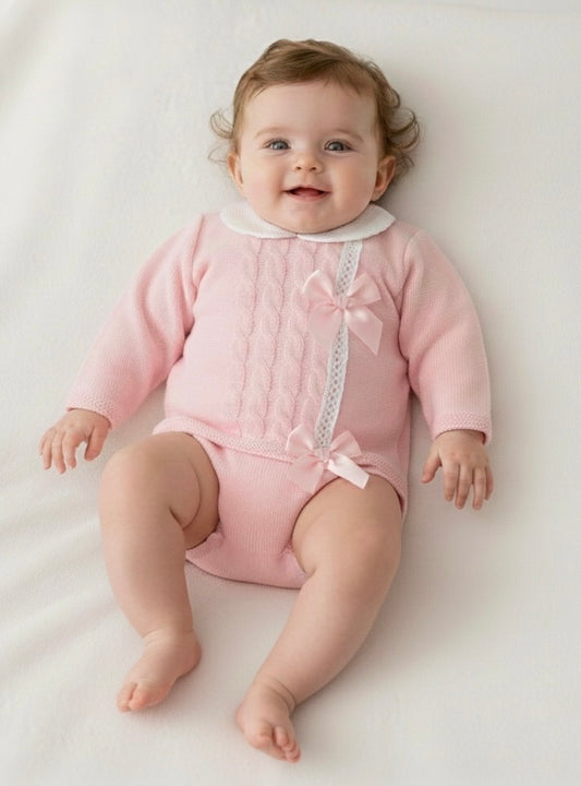Pink knitted double bow jam pant set