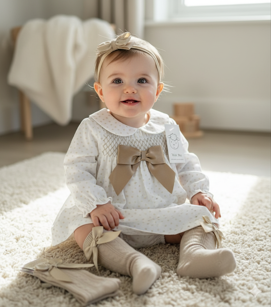Wee mee white/ camel smocked aline dress and pants set