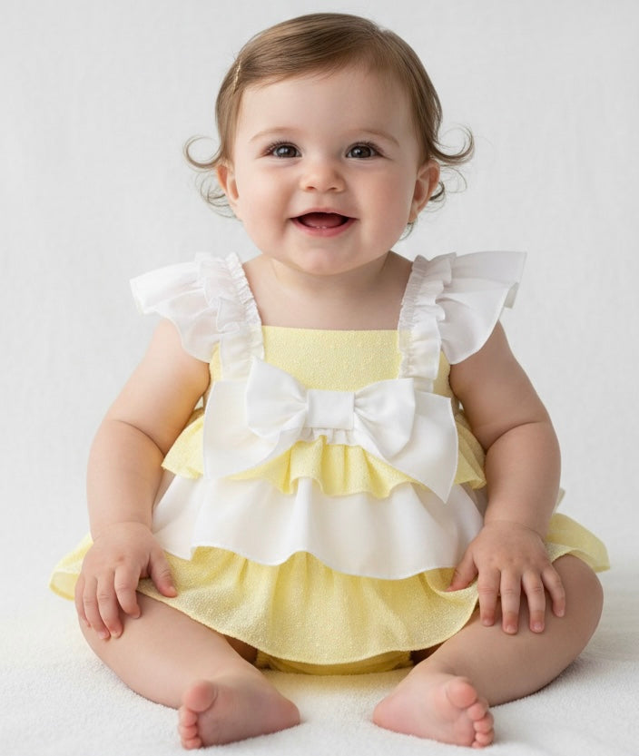 Baby girls lemon and white floaty dress and pants