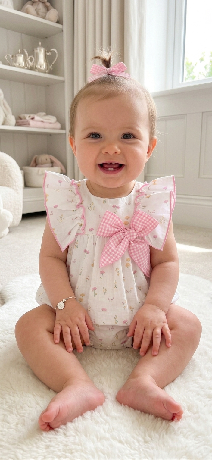 Baby girls white and pink floral romper with gingham bow