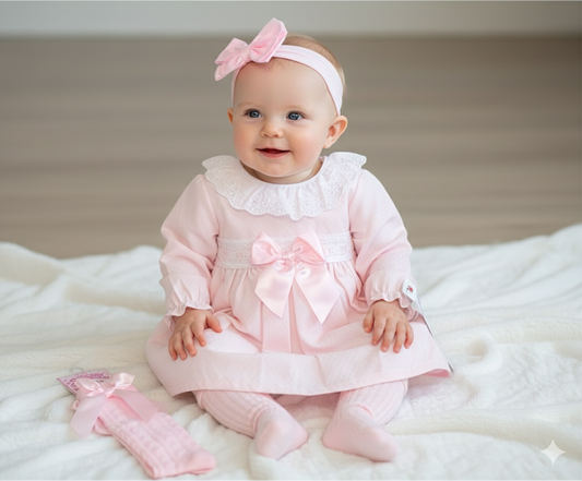 Baby girls pink frill collar bow dress